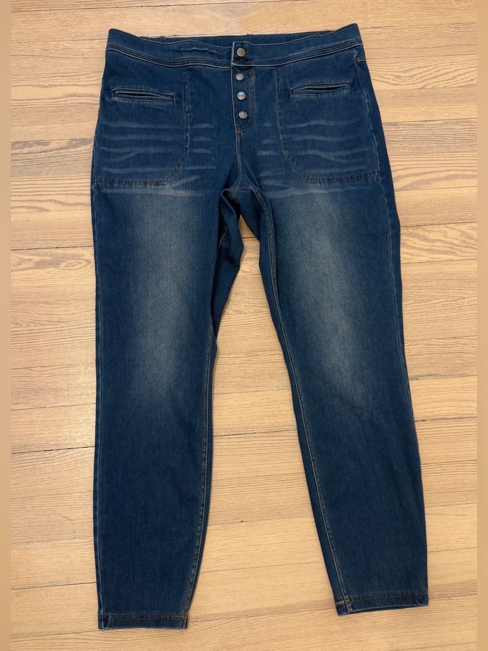 HUE Women’s Dark Wash Faux Button Fly Pull On Skinny Jeggings Size XL